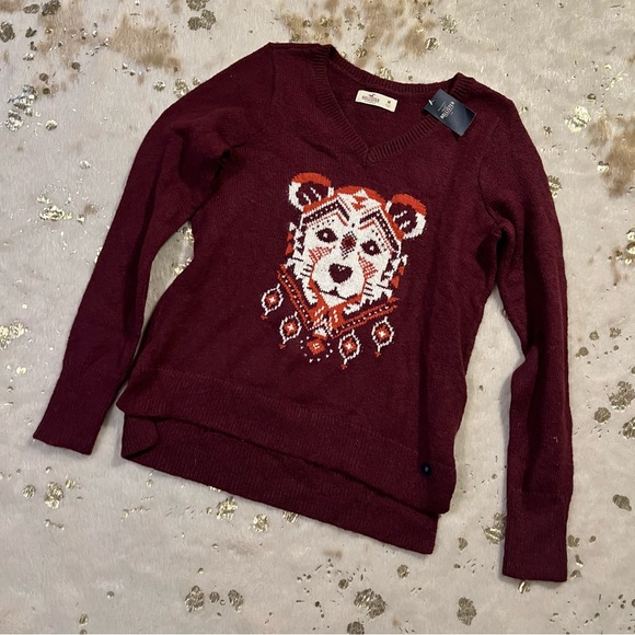 NWT Hollister M BURGUNDY WINE WOMEN'S BEAR DREAMCATCHER V-NECK SWEATER - Picture 5 of 6
